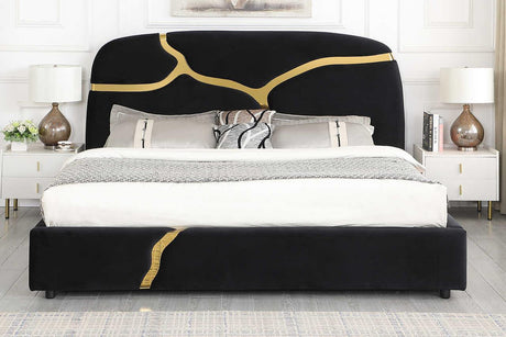 Milan velvet black queen bed with gold metal accent headboard front view