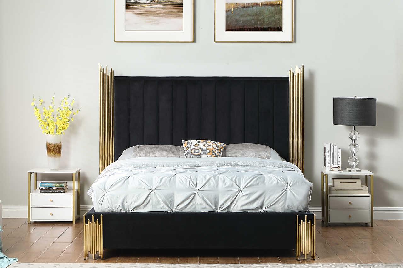 Token Black Upholstered Panel King Bed, side view showing headboard shelf