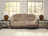 Mixed Motion Brownstone Chenille / Faux Leather Power Reclining Loveseat with Console — product view