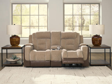 Mixed Motion Brownstone Chenille / Faux Leather Power Reclining Loveseat with Console — product view