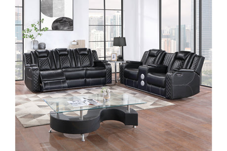 Radiant Black Power Reclining Sofa side view showing LED lighting and dropdown table