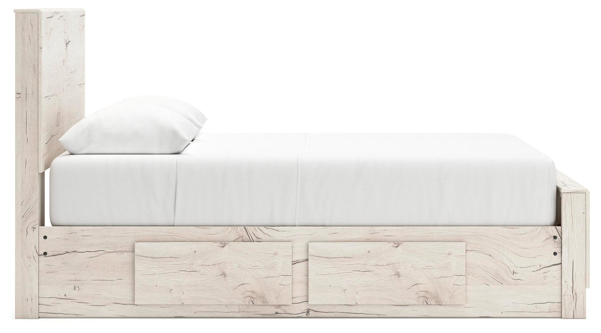 Lawroy Light Natural Queen Panel Bed with Storage — side view