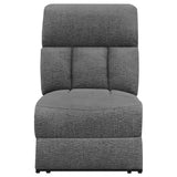 Cupholder detail in charcoal upholstered sofa