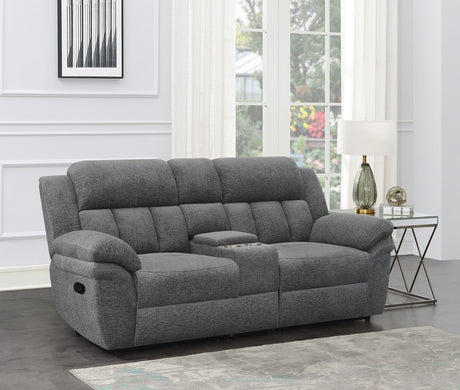 Bahrain Upholstered Motion Loveseat Charcoal side reclining position
