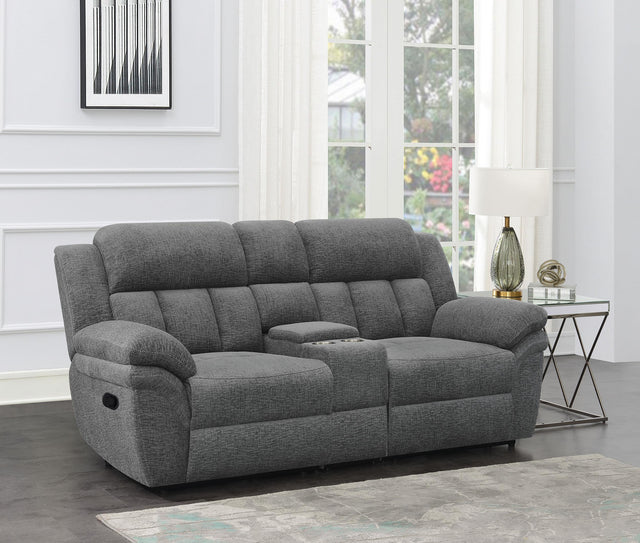 Bahrain Upholstered Motion Loveseat Charcoal side reclining position