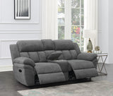Close-up of charcoal upholstery on Bahrain Motion Loveseat