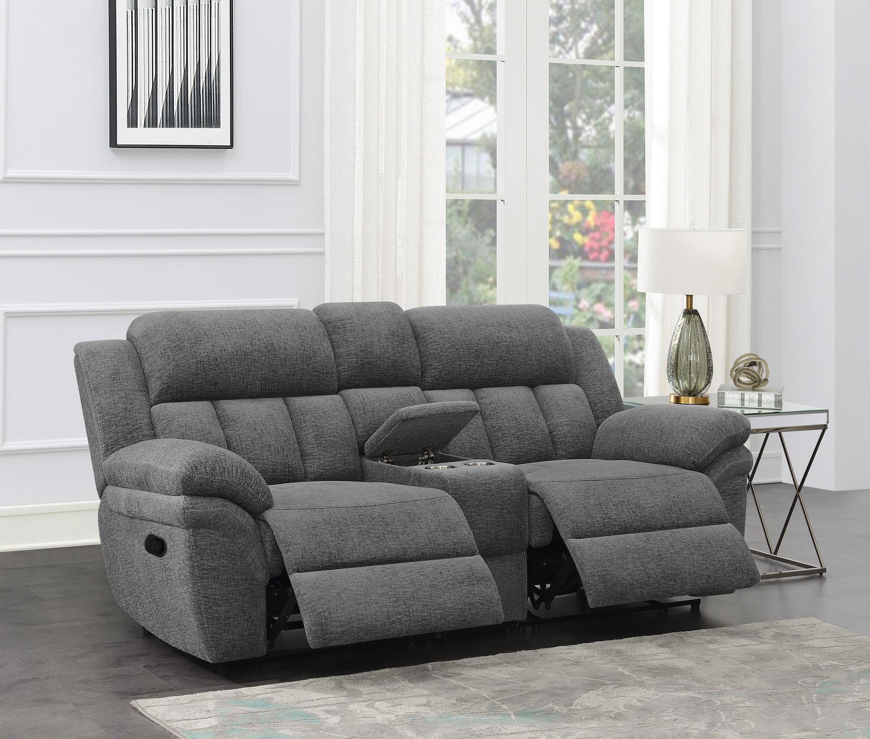 Close-up of charcoal upholstery on Bahrain Motion Loveseat