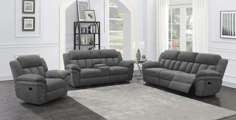 Full view of Bahrain charcoal sofa with both seats reclined