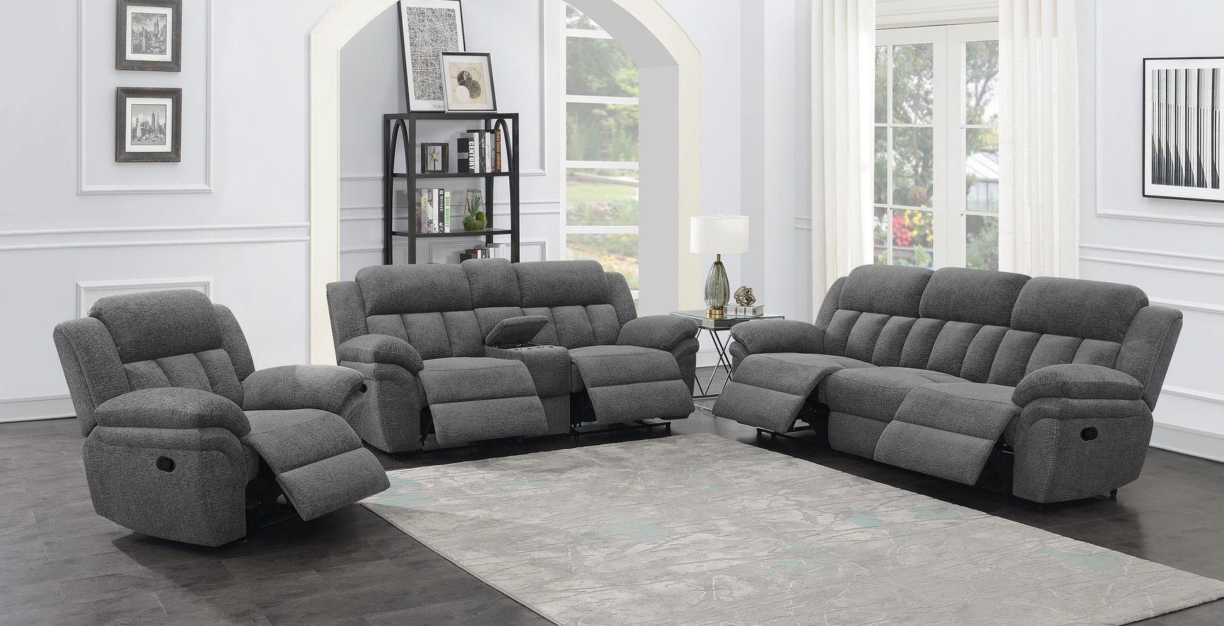 Bahrain upholstered sofa charcoal demonstrating reclining feature