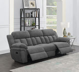 Bahrain charcoal upholstered dual recliner sofa side view with reclined seat