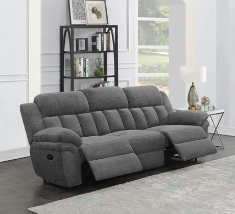 Bahrain charcoal upholstered dual recliner sofa side view with reclined seat