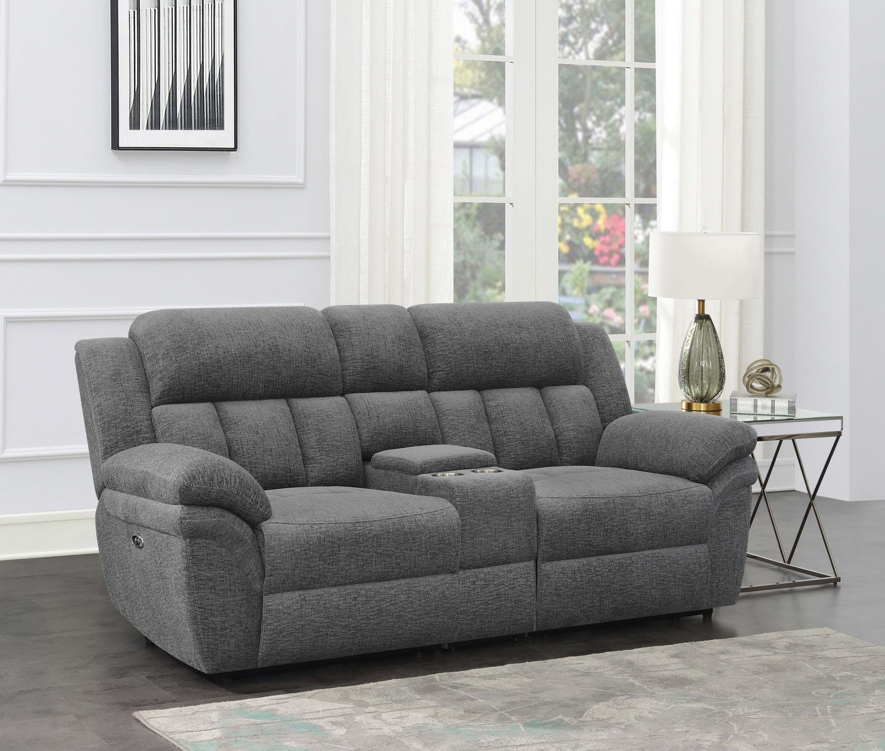 Bahrain Upholstered Power Loveseat Charcoal 609542P - Ella Furniture
