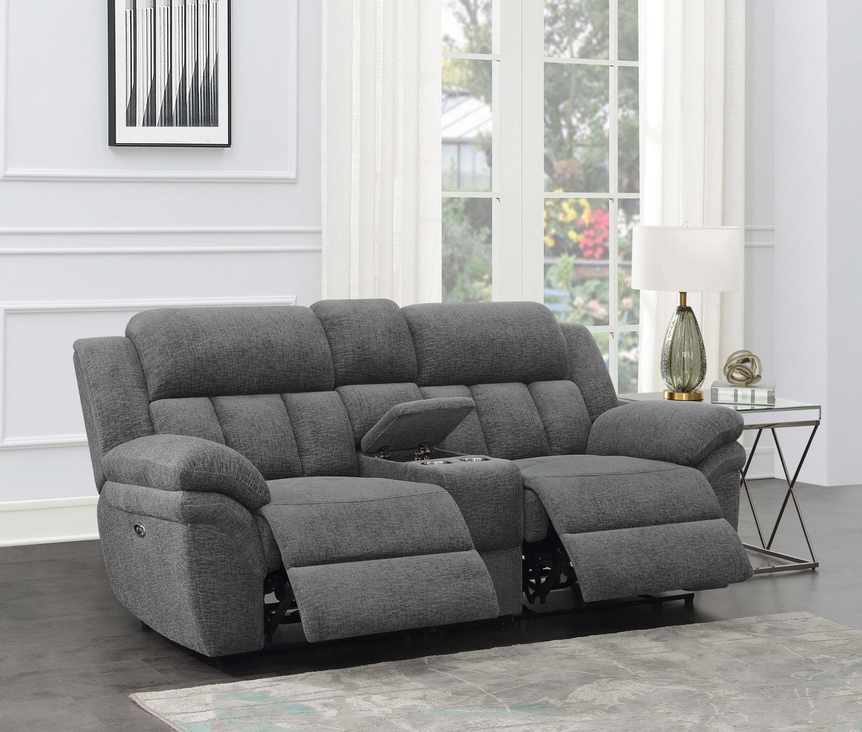 Bahrain Upholstered Power Loveseat Charcoal 609542P - Ella Furniture