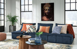Close-up detail of navy upholstery and stitching on Bales sectional
