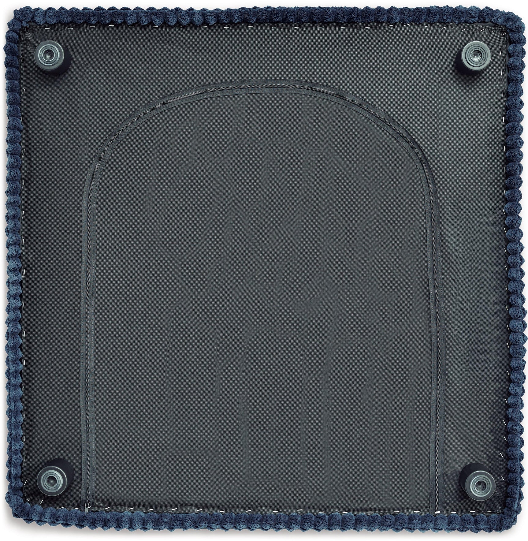 Close-up detail of navy fabric upholstery
