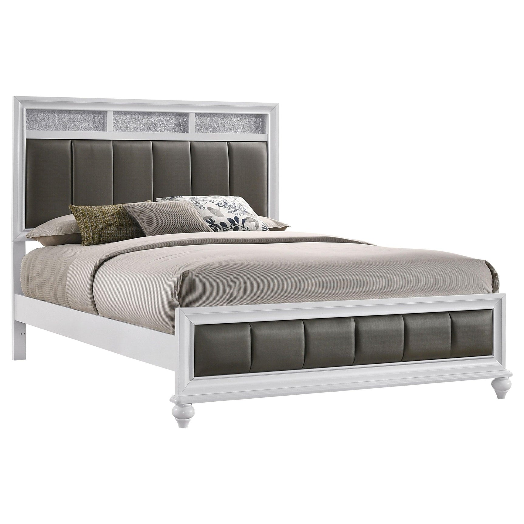 side view of Barzini White Upholstered Panel Bedroom Set bed