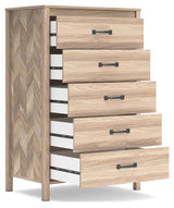 Open drawer with ball-bearing glide on Battelle Tan Chest of Drawers