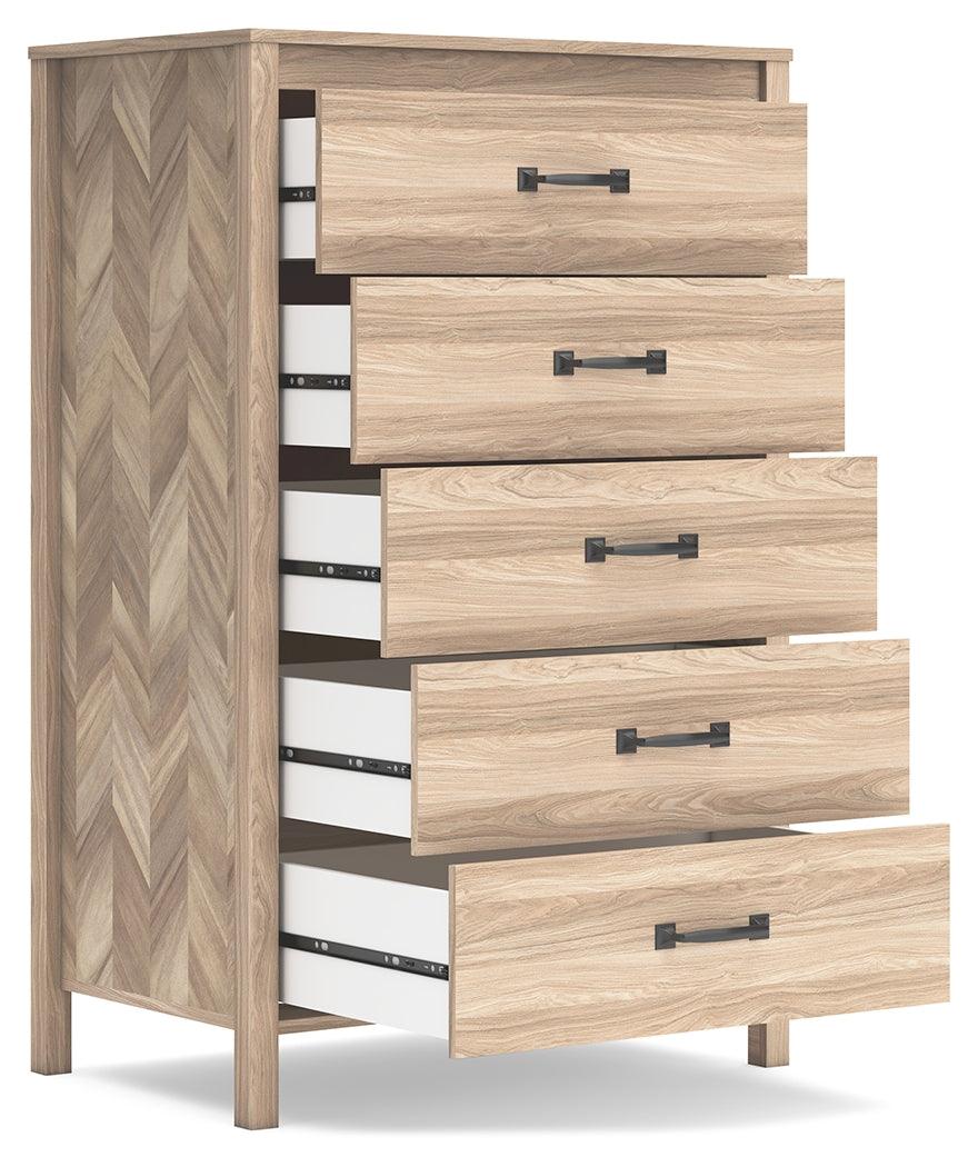 Open drawer with ball-bearing glide on Battelle Tan Chest of Drawers