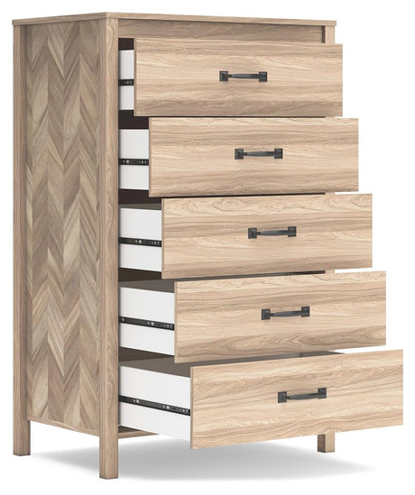 Open drawer with ball-bearing glide on Battelle Tan Chest of Drawers