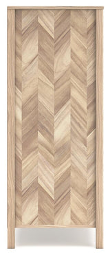 Back view of Battelle Tan Chest of Drawers showing vinyl wrapping