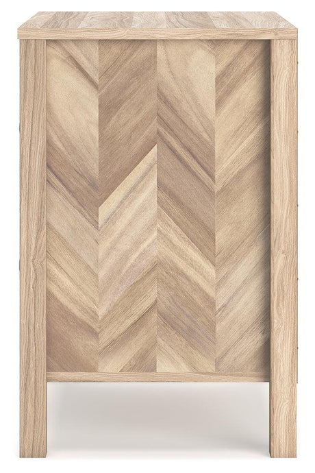 Battelle Nightstand side angle with vinyl-wrapped sides