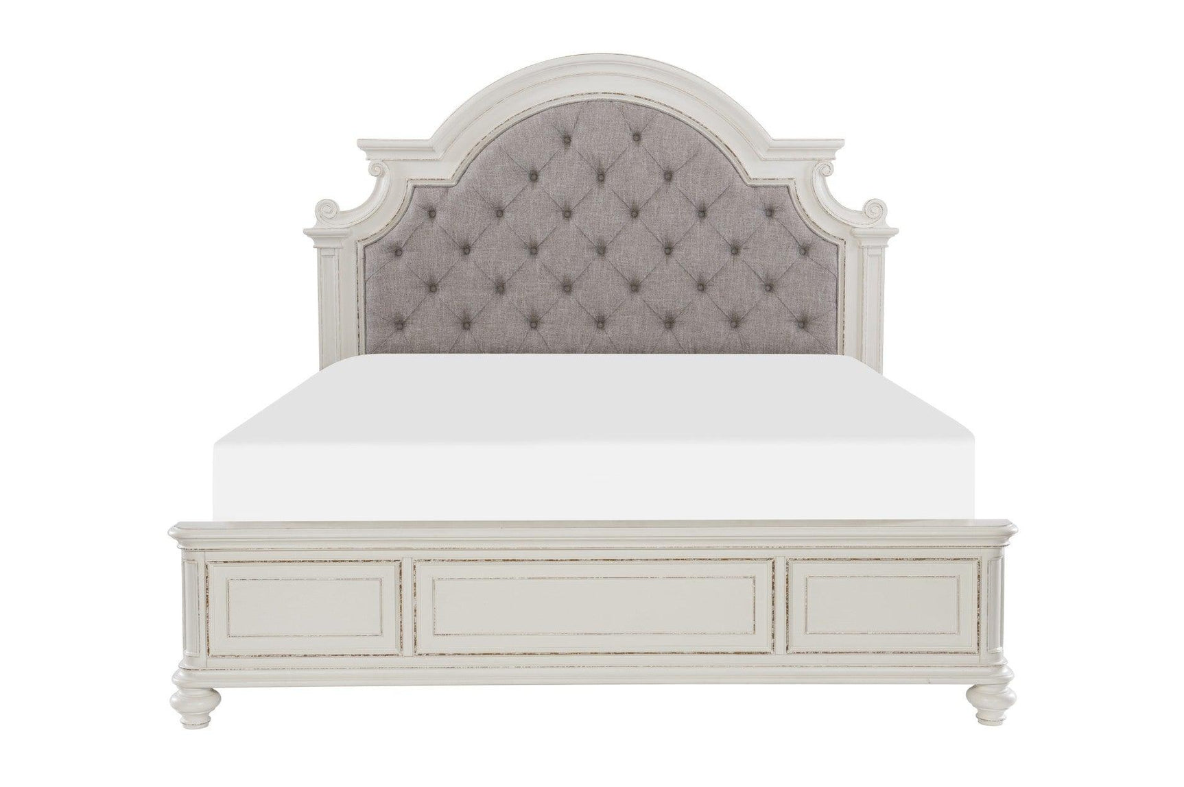Baylesford Antique White Fabric Tufted Panel Bedroom Set bed side view