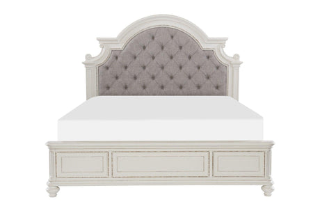 Baylesford Antique White Fabric Tufted Panel Bedroom Set bed side view