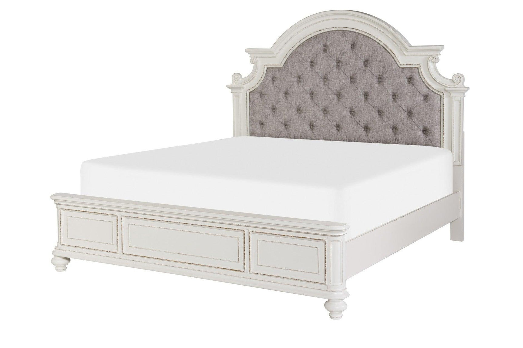 Baylesford Antique White Fabric Tufted Panel Bedroom Set bed in bedroom view
