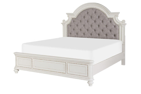 Baylesford Antique White Fabric Tufted Panel Bedroom Set bed in bedroom view