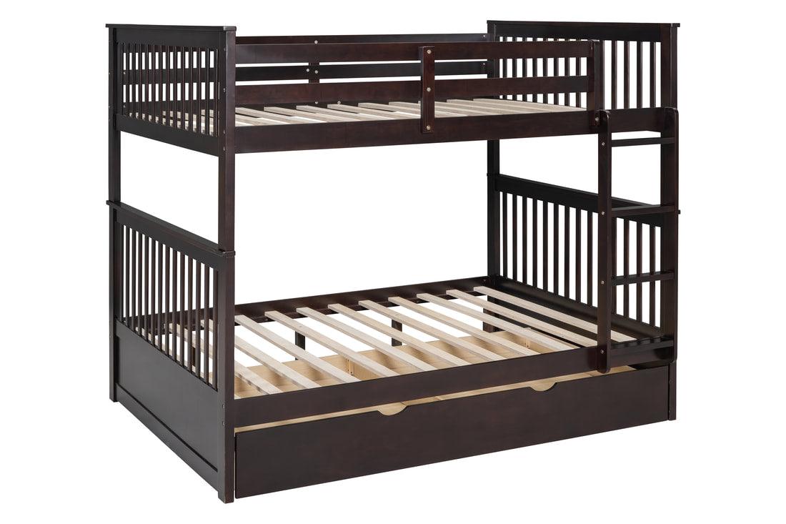 Side angle of espresso solid wood twin over twin bunk beds with trundle