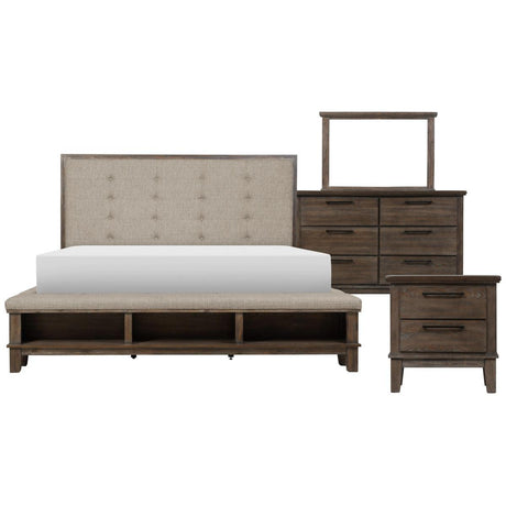 Gray upholstered tufted queen panel bedroom set front view