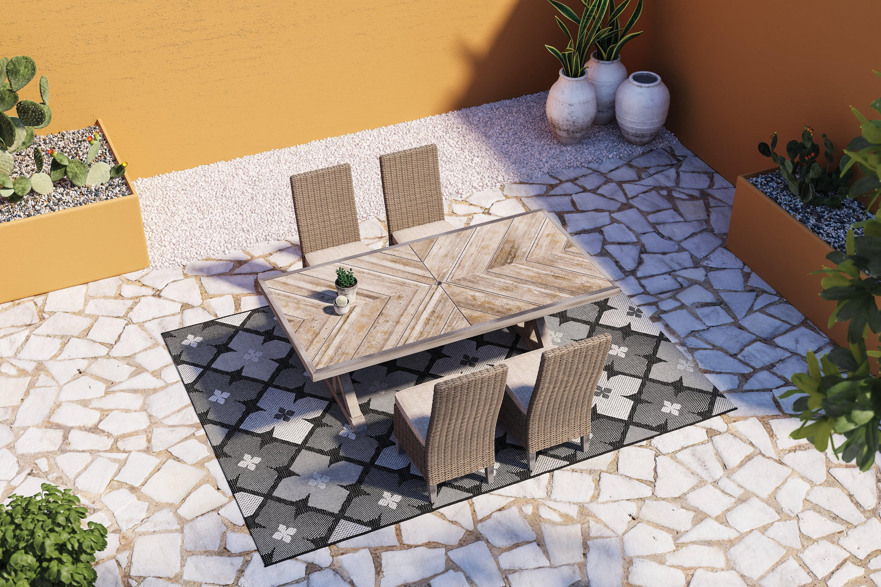 Beachcroft outdoor dining set with beige cushions at Ella Furniture