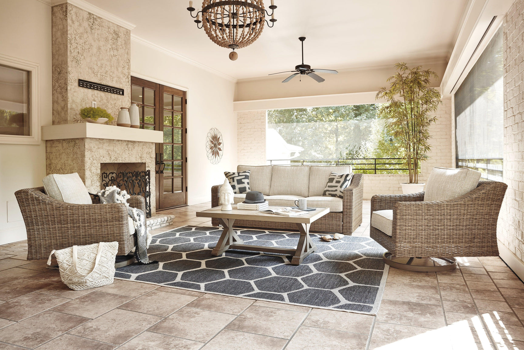 Beachcroft Beige Outdoor Sofa And 2 Chairs With Coffee Table - Ella Furniture