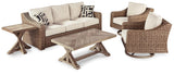 Two beige swivel lounge chairs with cushions and armrests