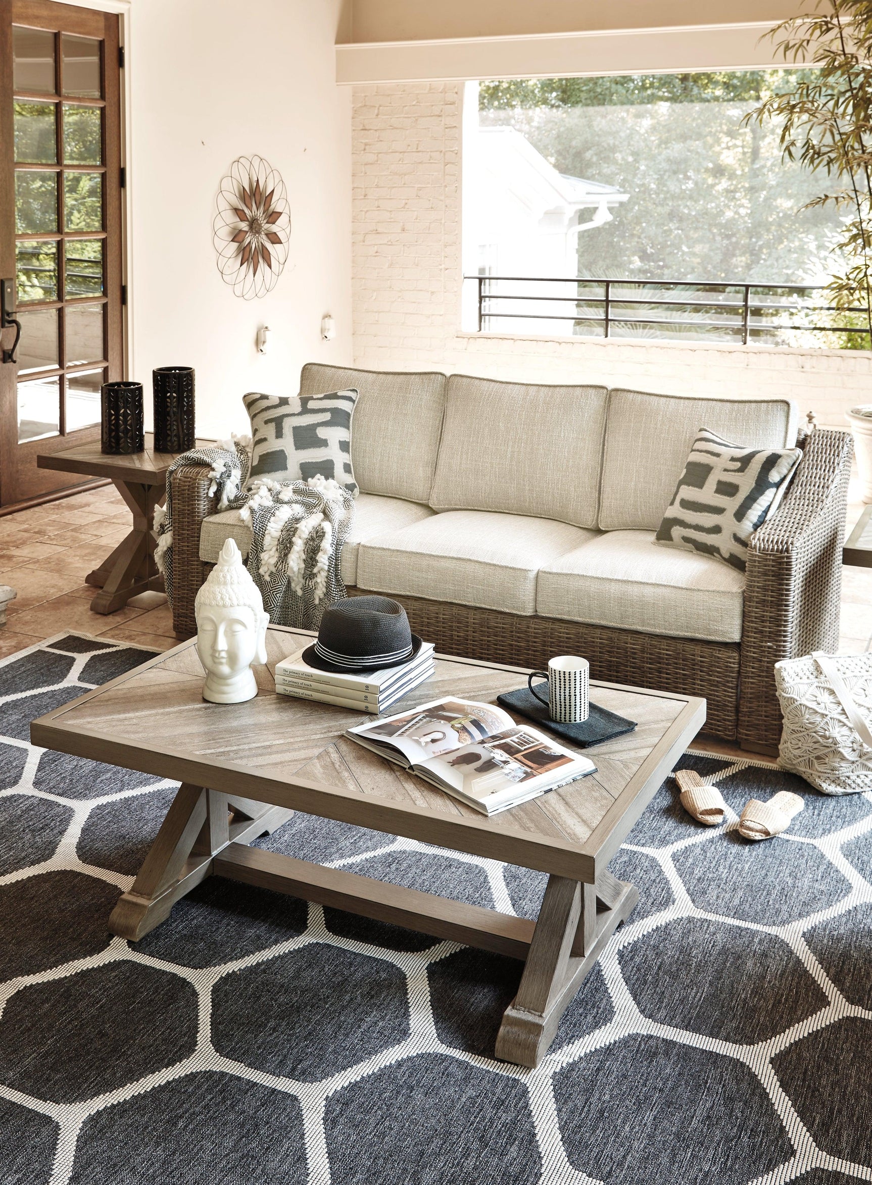 Porcelain end table with farmhouse X-leg design