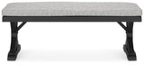 Detail of black X-leg farmhouse style bench frame