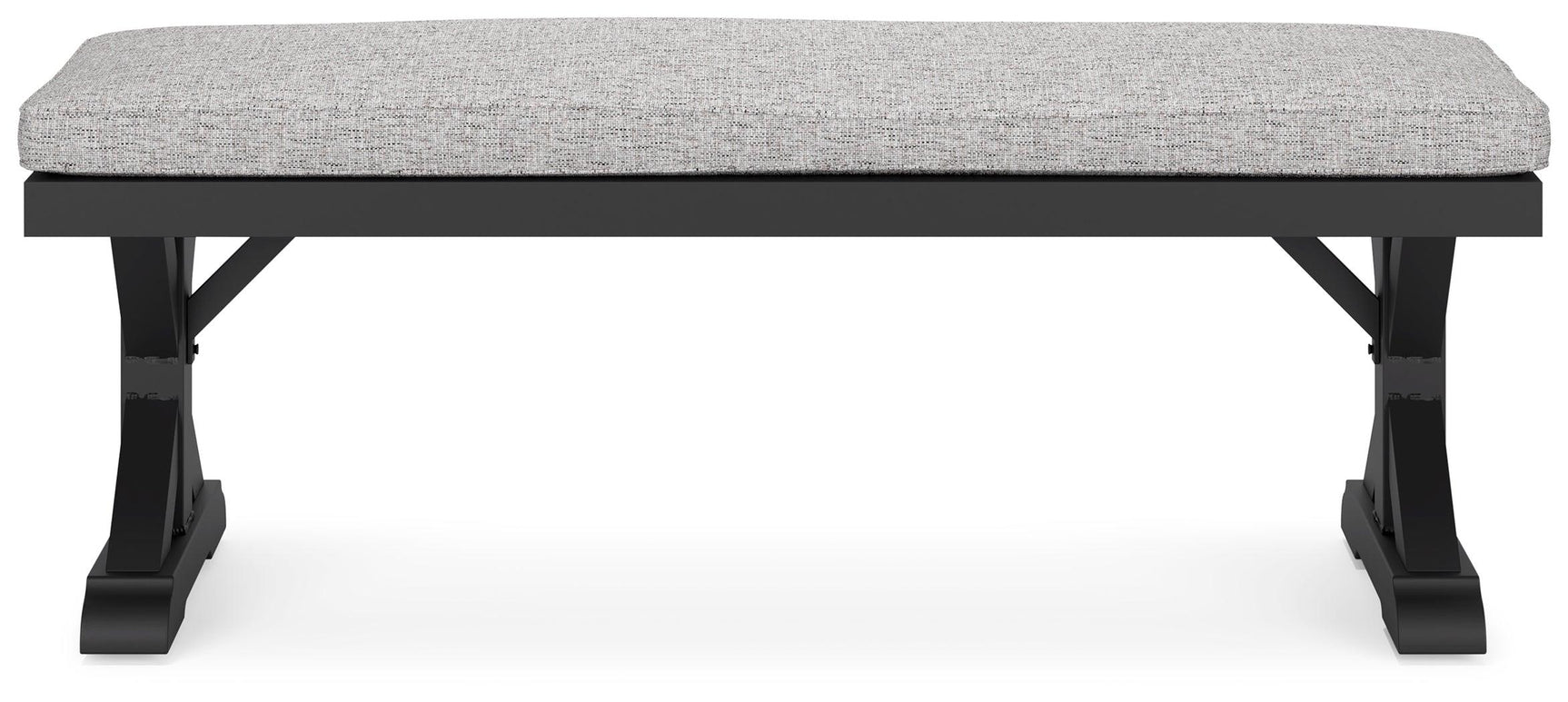 Detail of black X-leg farmhouse style bench frame