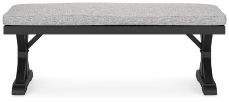 Detail of black X-leg farmhouse style bench frame