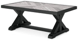 Beachcroft outdoor coffee table black metal X-leg base detail