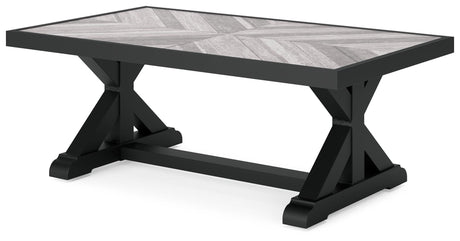 Beachcroft outdoor coffee table black metal X-leg base detail