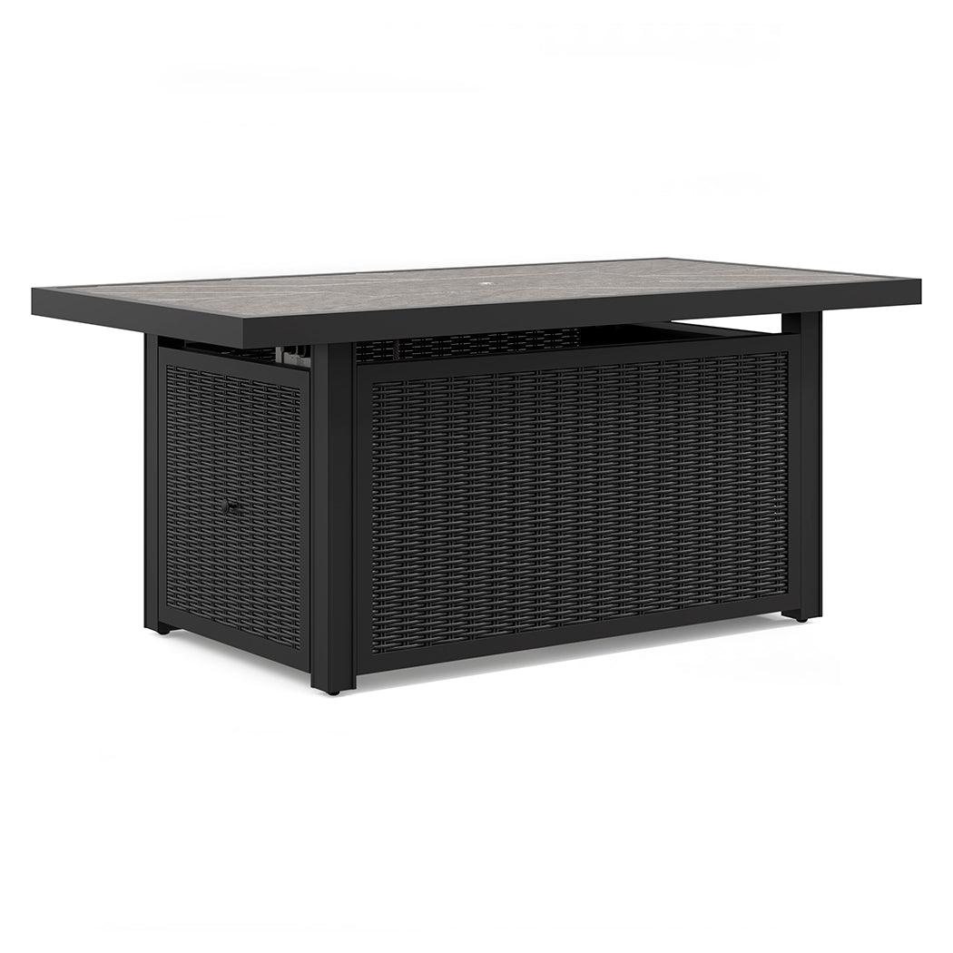 Beachcroft outdoor fire pit table side view showing wicker frame