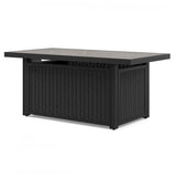 Beachcroft outdoor fire pit table top closeup with burner and glass beads