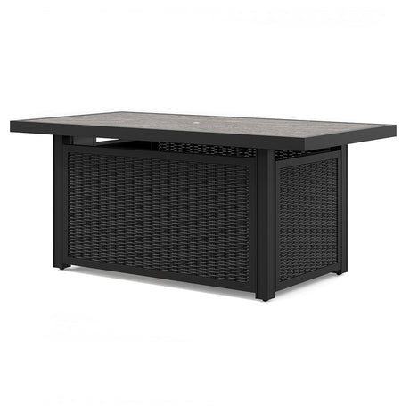 Beachcroft outdoor fire pit table top closeup with burner and glass beads