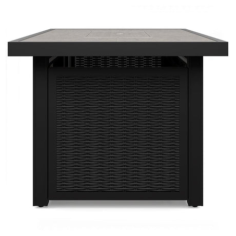 Beachcroft outdoor fire pit table assembly detail showing wicker