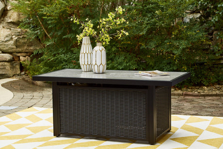 Beachcroft outdoor fire pit table closeup of stainless steel hardware