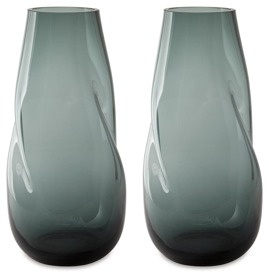 Beamund teal blue glass vase angled side view