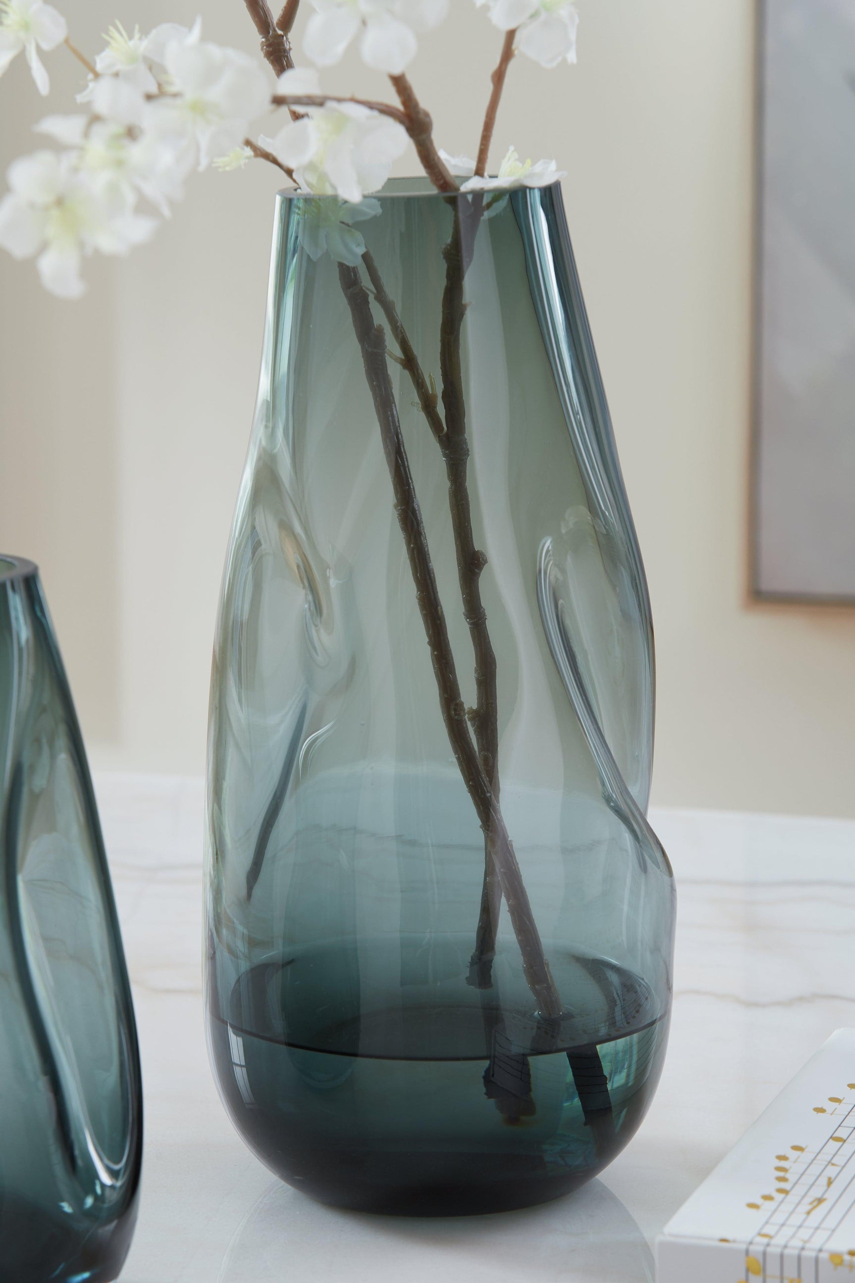 Close-up of teal blue glass vase texture