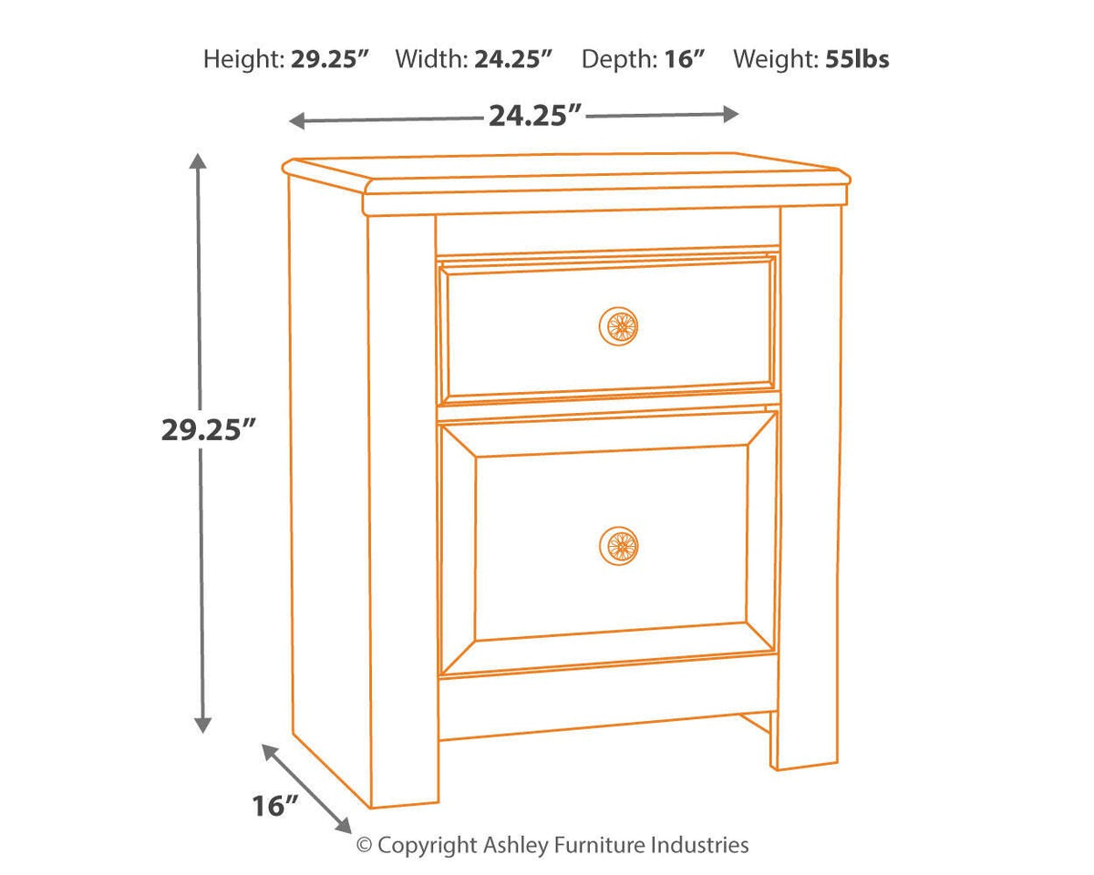 Paxberry Whitewash Two-Drawer Nightstand — dimension illustration