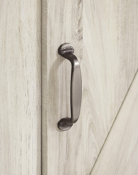 Bellaby Whitewash 4-Piece Entertainment Center detail of laminate surface