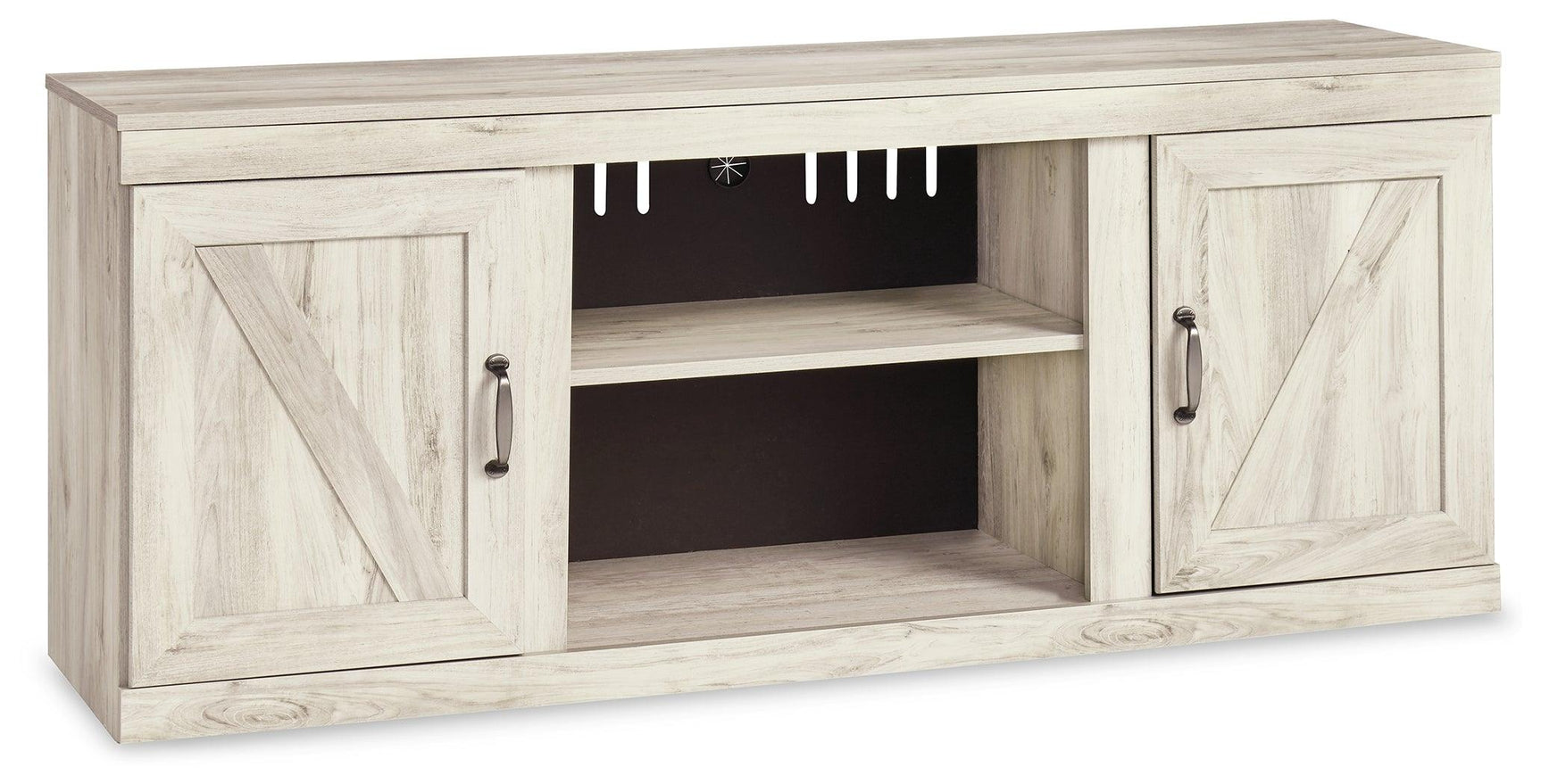 Bellaby Whitewash 4-Piece Entertainment Center open shelving area